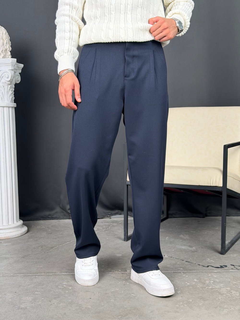 Kışlık Pileli Gabardin Baggy Pantolon Lacivert