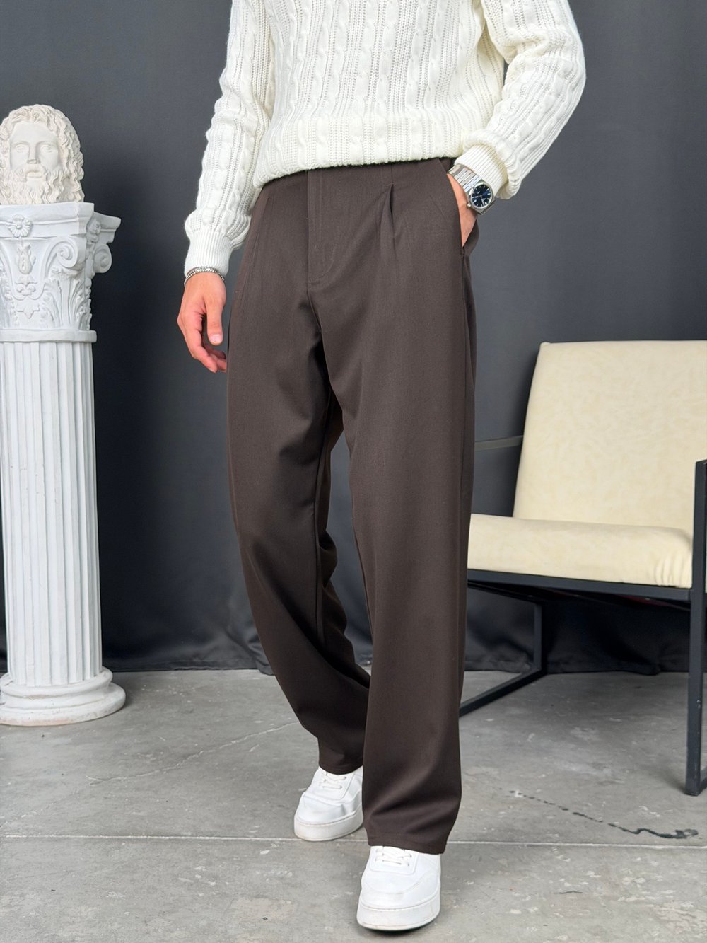 Kışlık Pileli Gabardin Baggy Pantolon Kahve