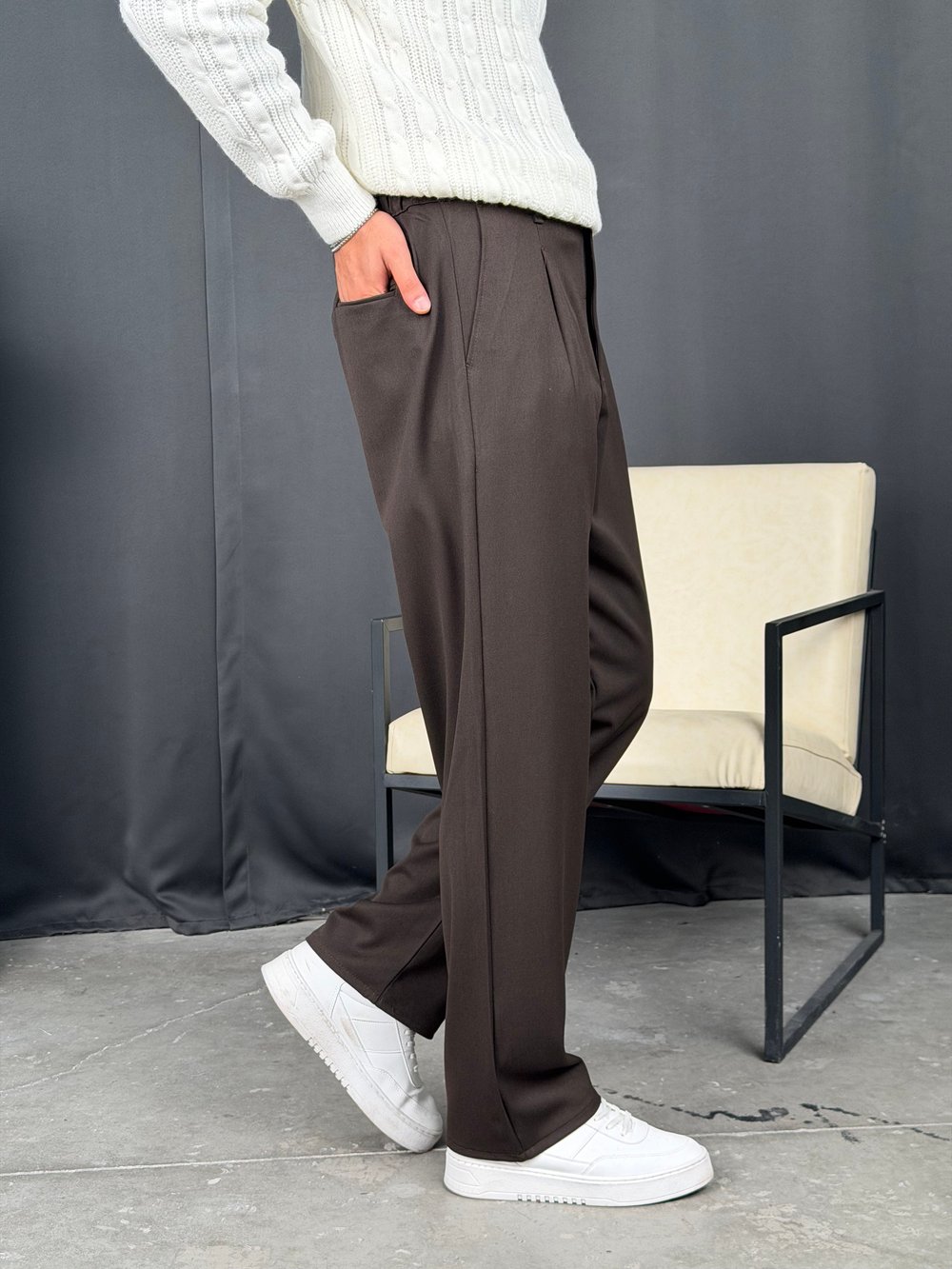 Kışlık Pileli Gabardin Baggy Pantolon Kahve