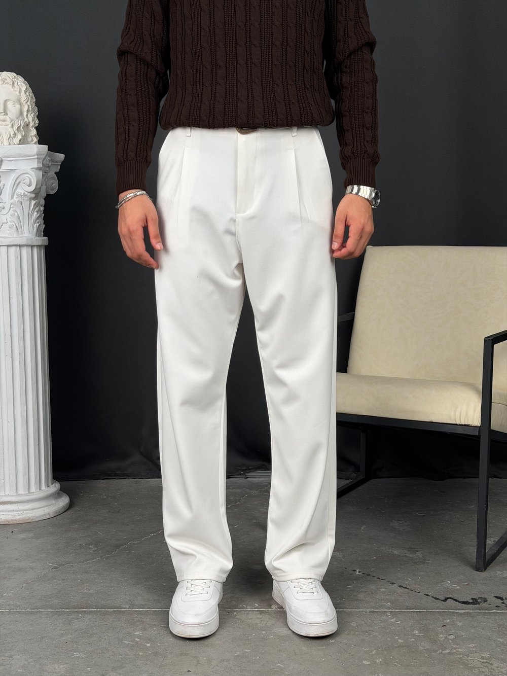 Kışlık Pileli Gabardin Baggy Pantolon Beyaz