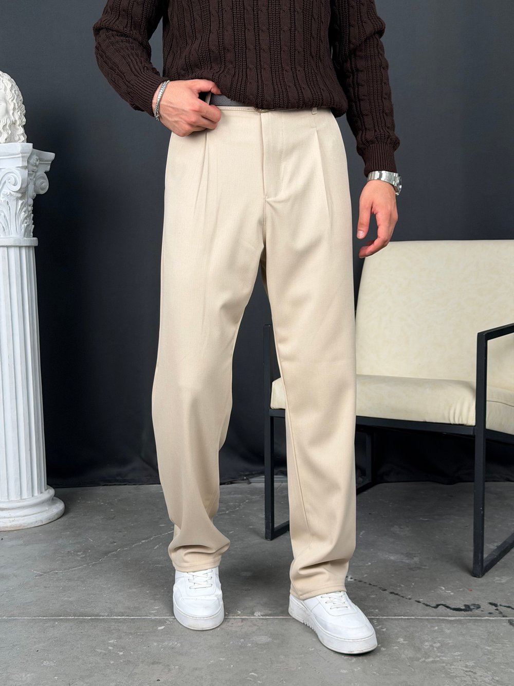 Kışlık Pileli Gabardin Baggy Pantolon Bej