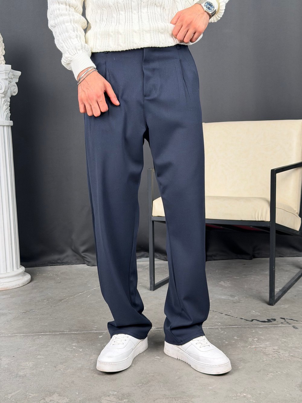 Kışlık Pileli Gabardin Baggy Pantolon Lacivert