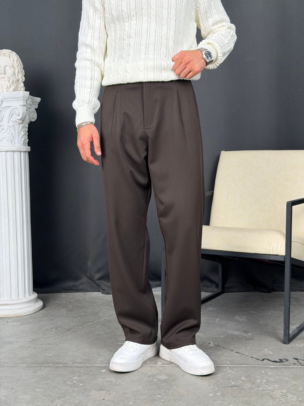 Kışlık Pileli Gabardin Baggy Pantolon Kahve