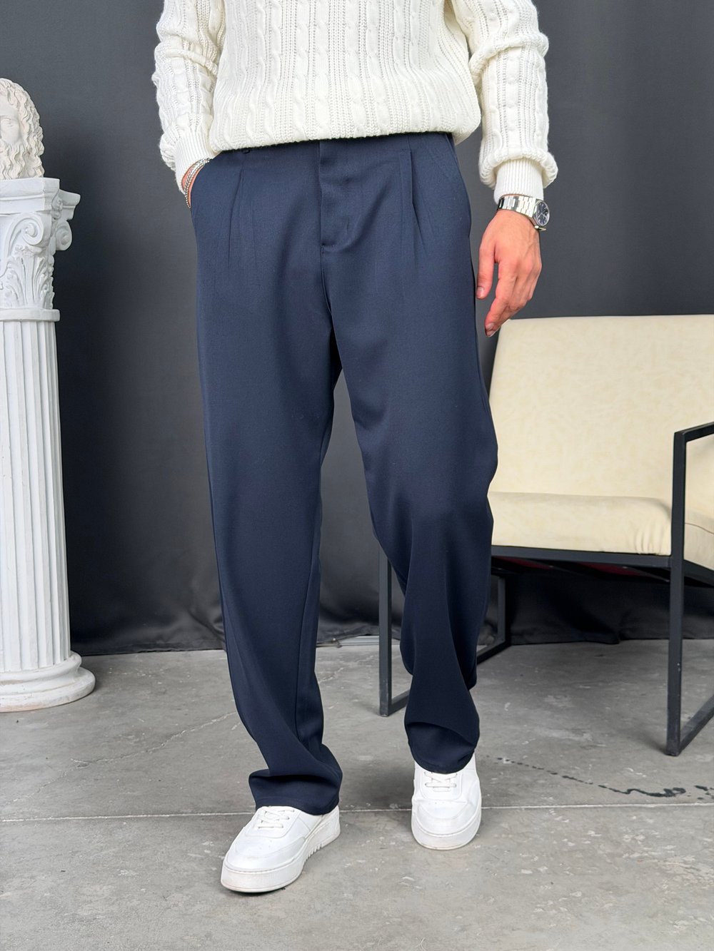 Kışlık Pileli Gabardin Baggy Pantolon Lacivert