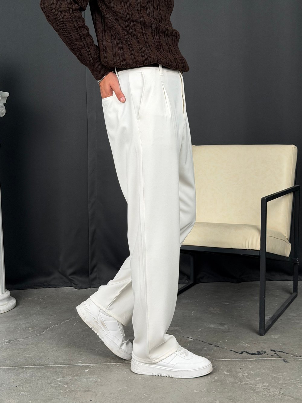 Kışlık Pileli Gabardin Baggy Pantolon Beyaz