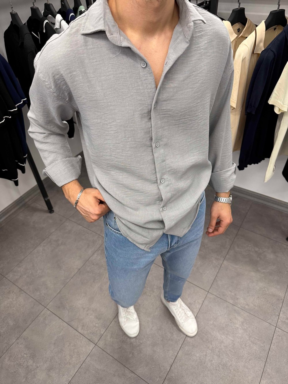 Krinkıl Oversize Pamuklu Keten Gömlek Taş Gri