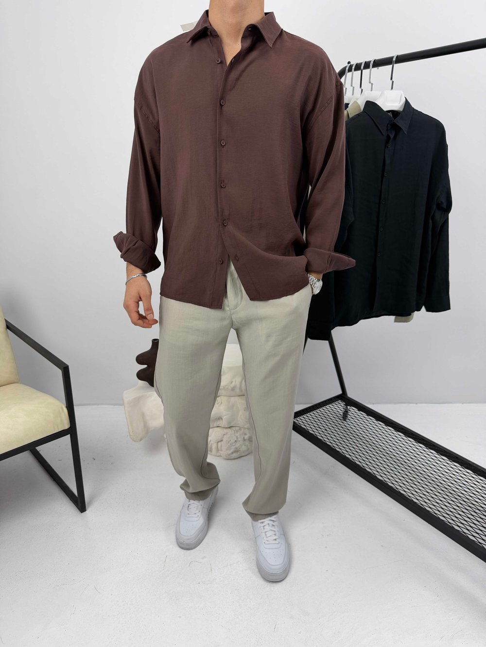 Modal Kumaş Oversize Gömlek Acı Kahve