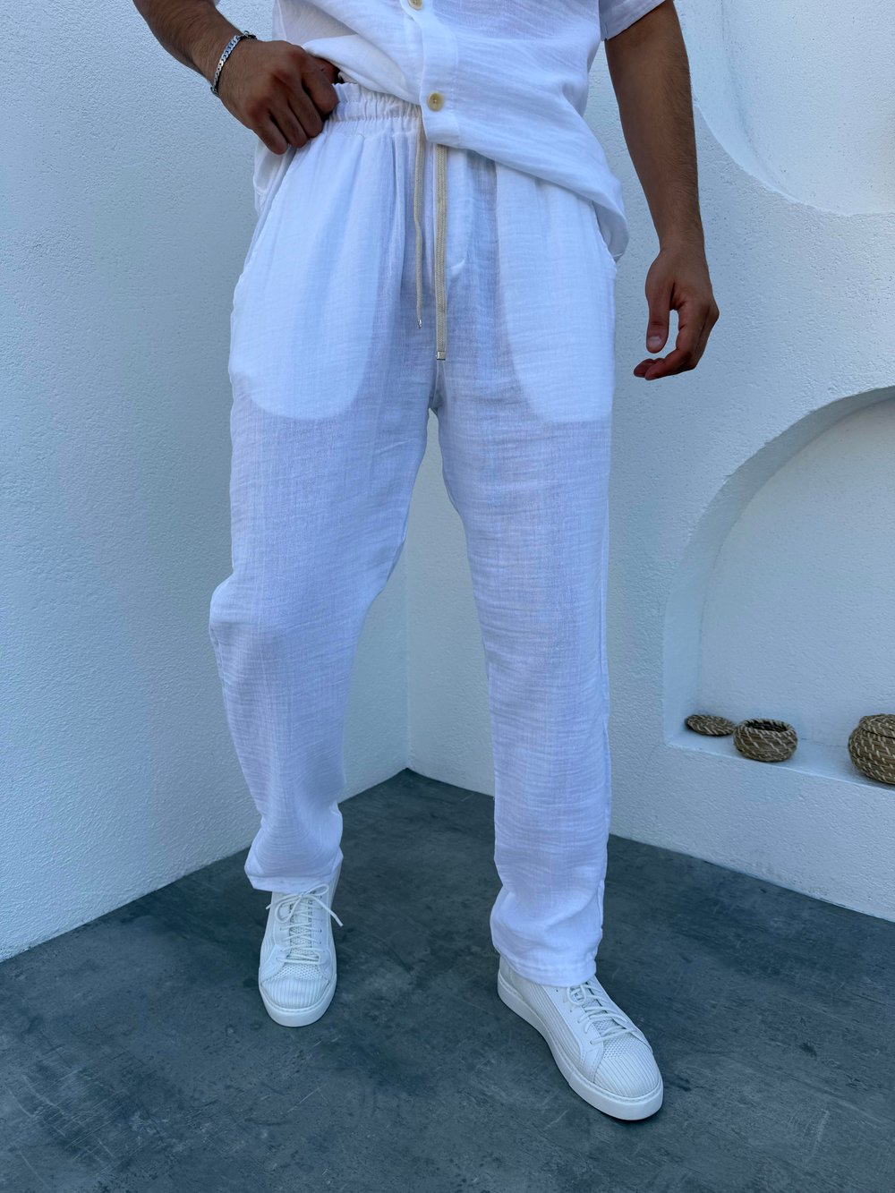 Müslin Kumaş Baggy Pantolon Beyaz