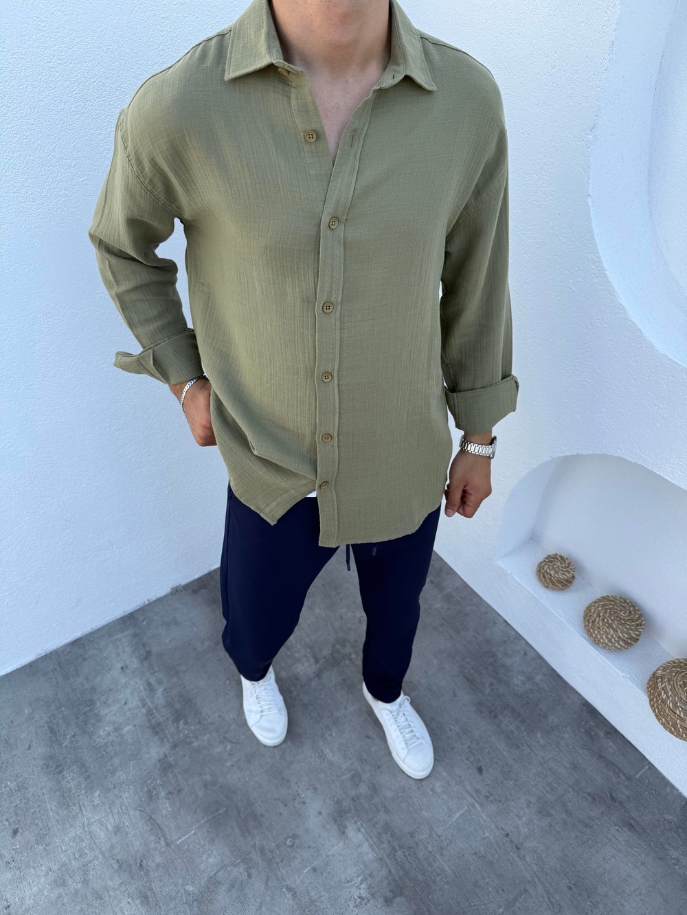 Müslin Pamuklu Oversize Keten Gömlek Çağla Yeşili