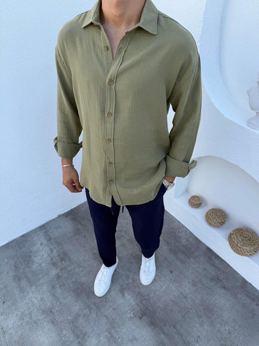 Müslin Pamuklu Oversize Keten Gömlek Çağla Yeşili