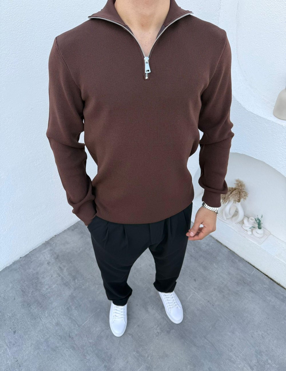 Örme Tam Boğaz Triko Kahverengi
