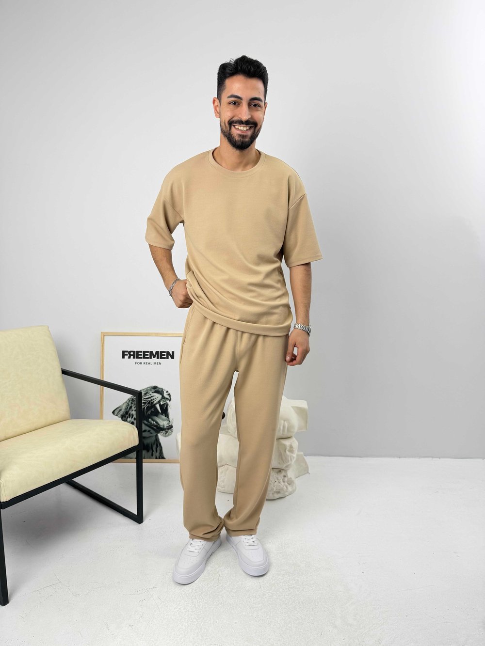 Oversize Basic Krep Takım Bej