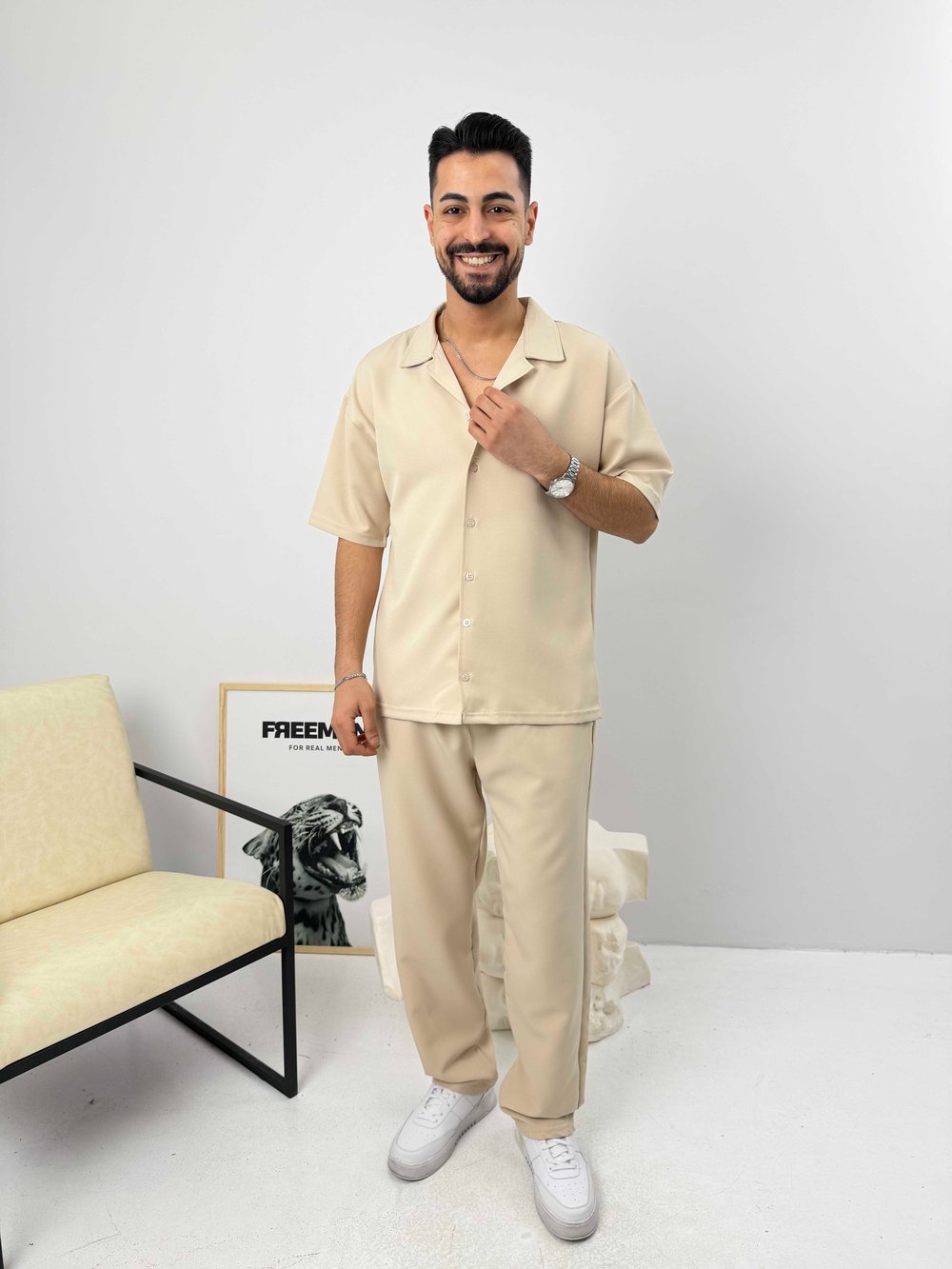 Oversize Duble Gömlek Takım Bej