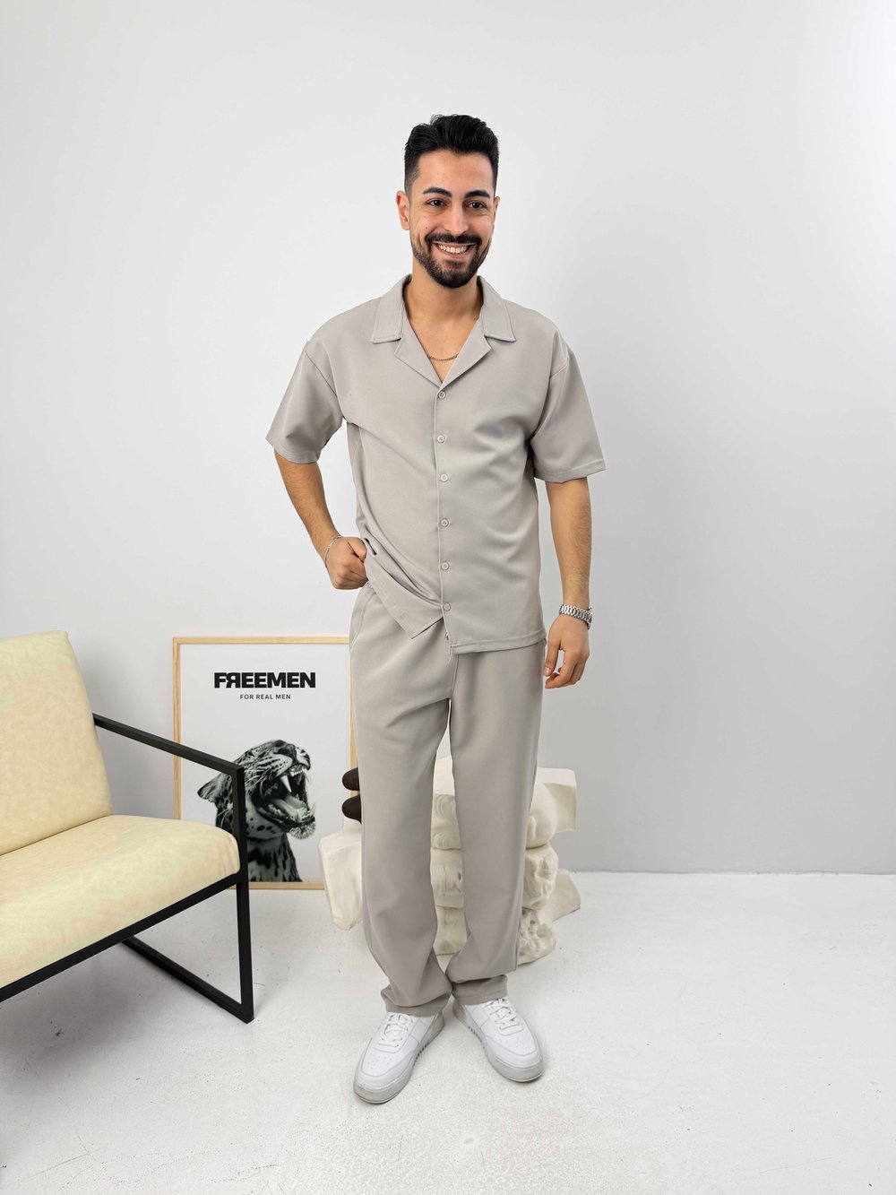 Oversize Duble Gömlek Takım Gri