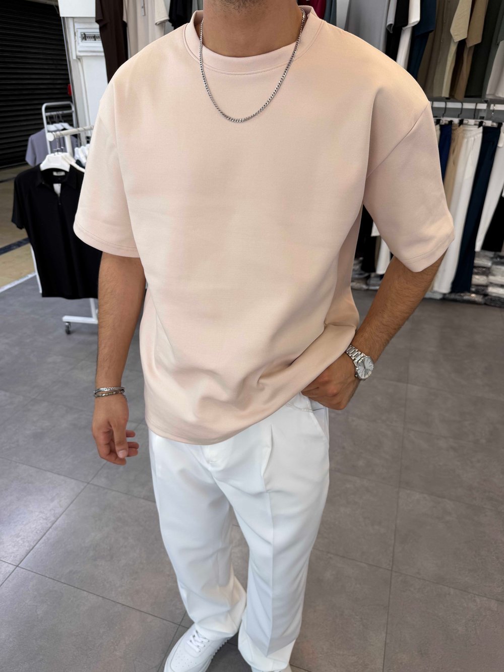 Oversize Duble Örme Tişört Bej