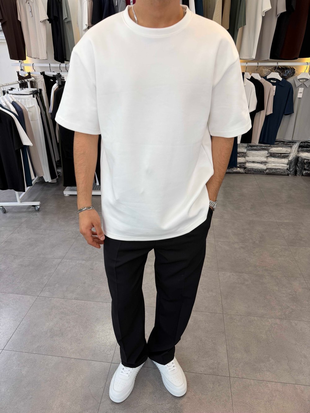 Oversize Duble Örme Tişört Beyaz