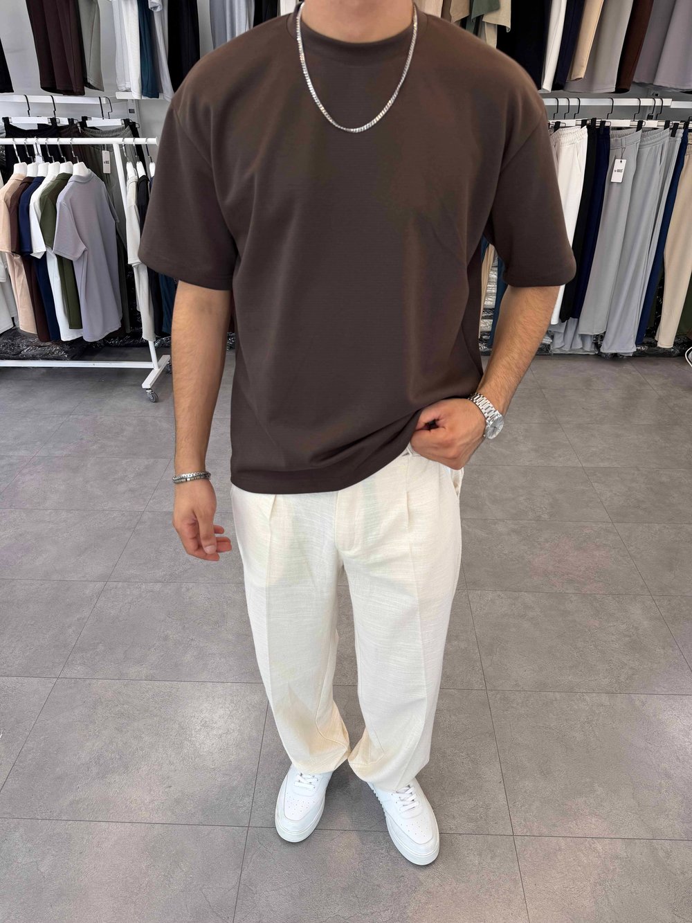 Oversize Duble Örme Tişört Kahve
