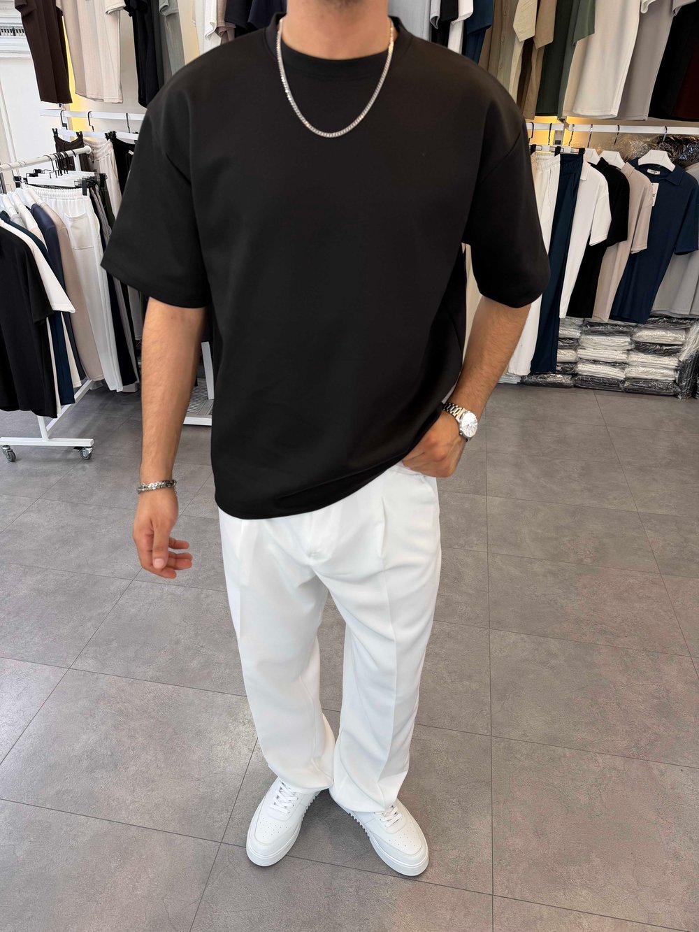 Oversize Duble Örme Tişört Siyah