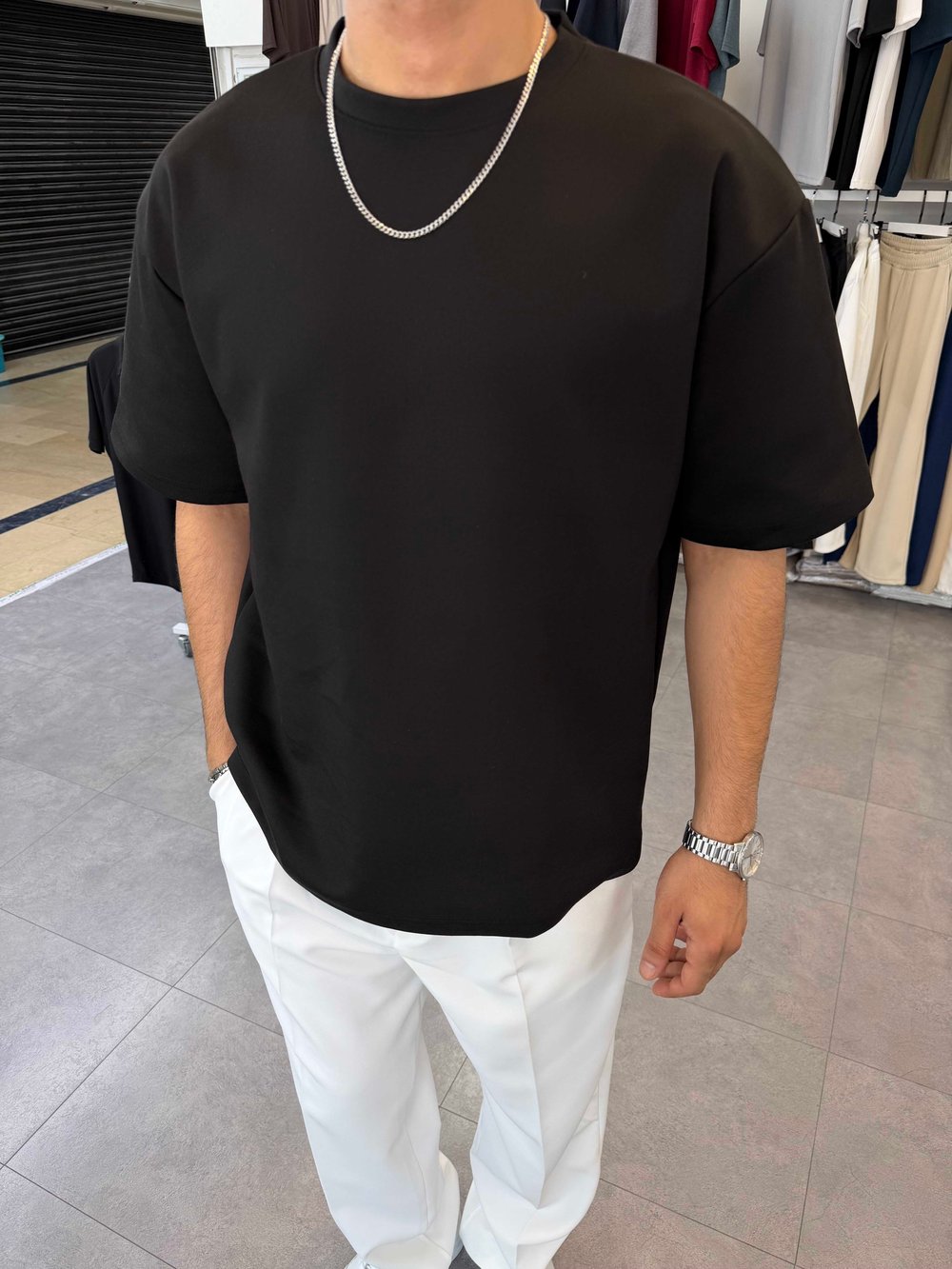 Oversize Duble Örme Tişört Siyah
