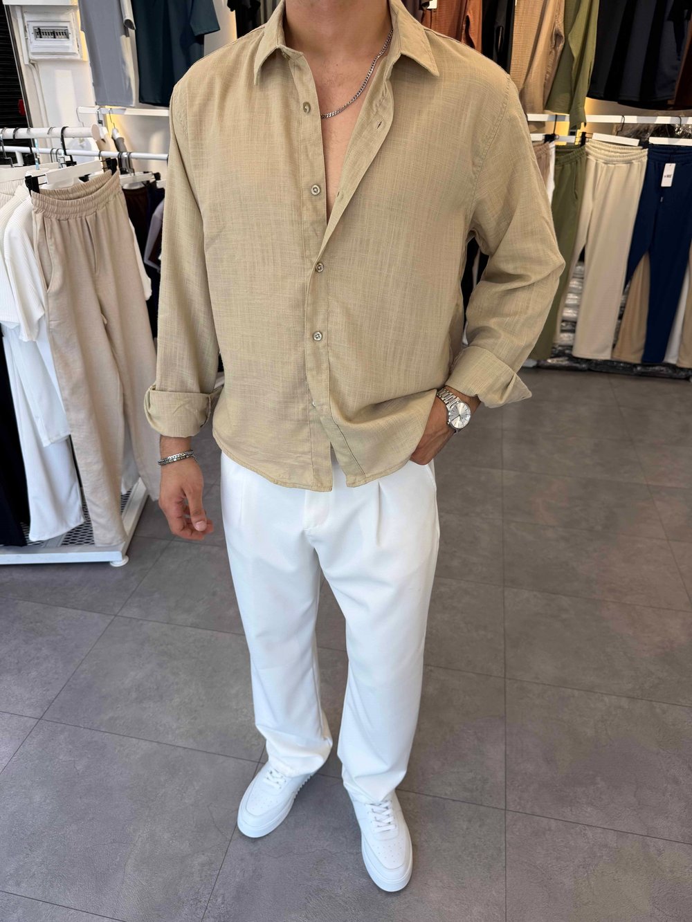 Oversize Flamlı Keten Gömlek Bej