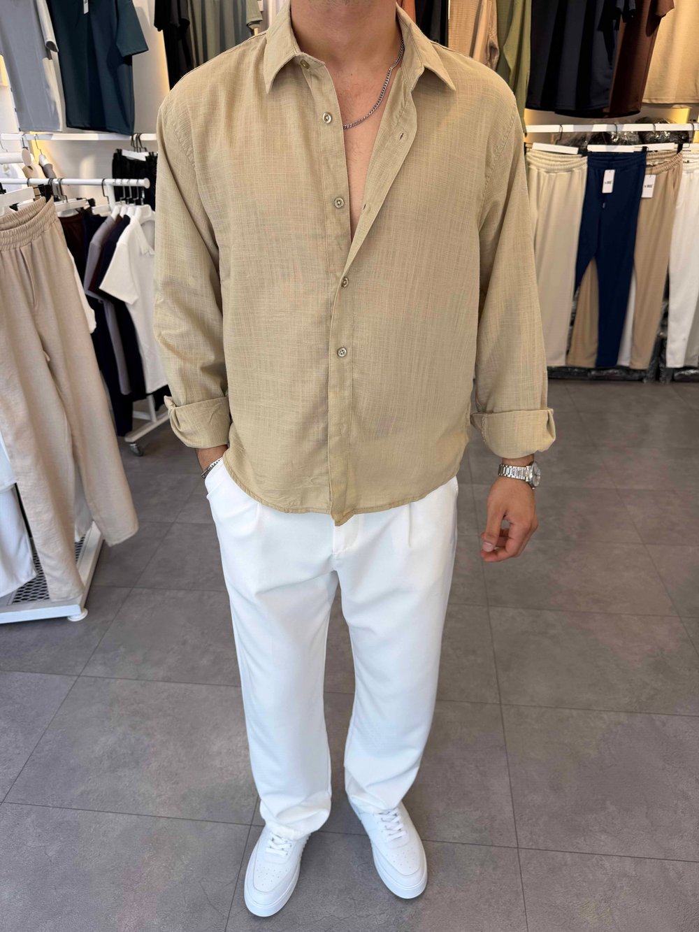 Oversize Flamlı Keten Gömlek Bej