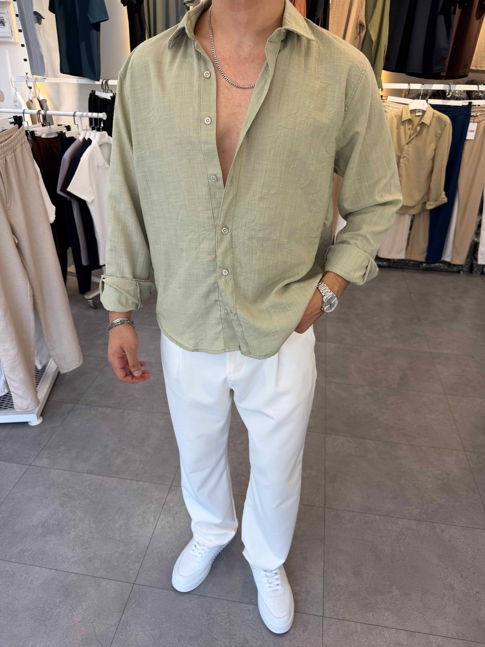 Oversize Flamlı Keten Gömlek Haki