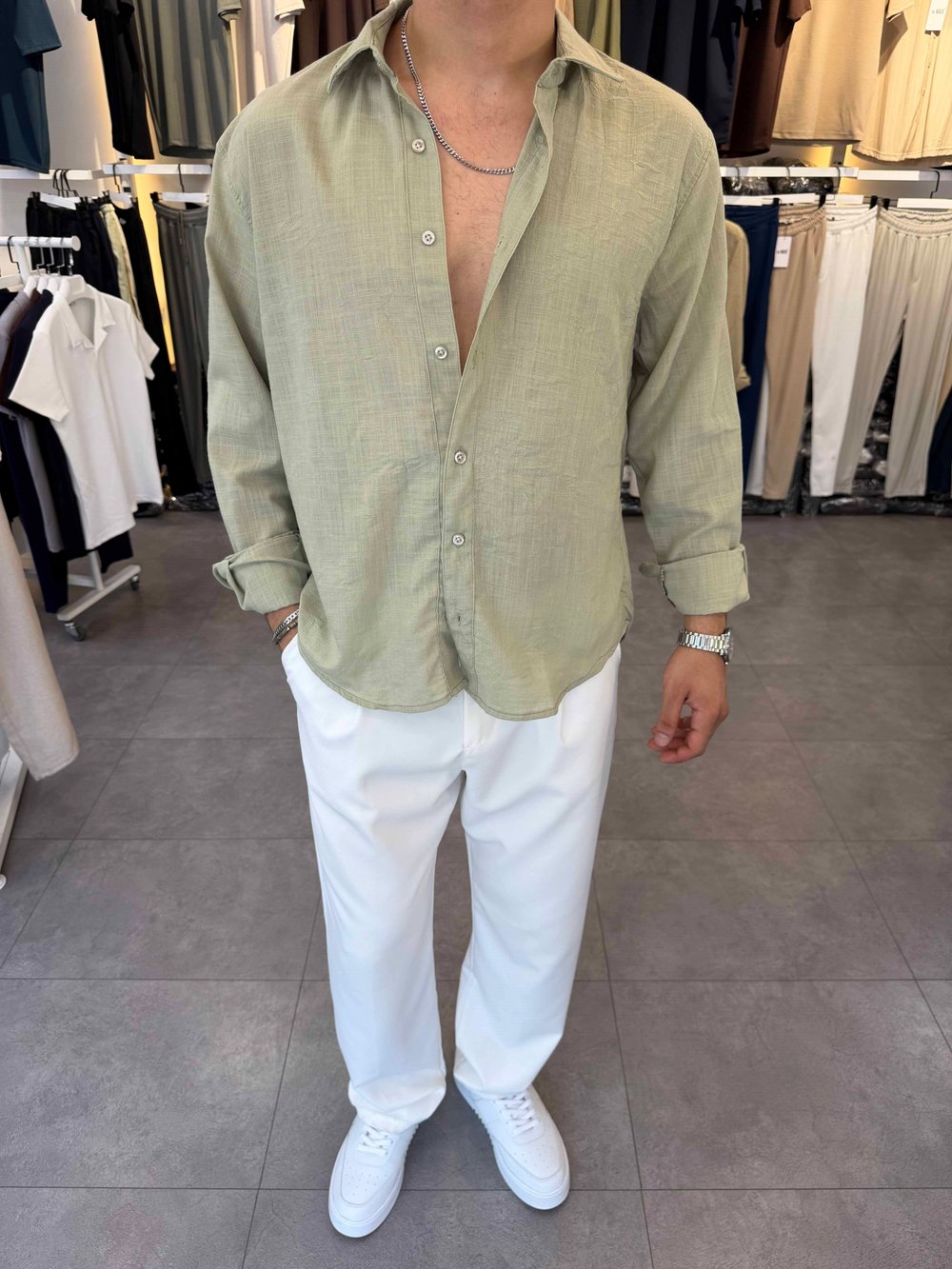 Oversize Flamlı Keten Gömlek Haki