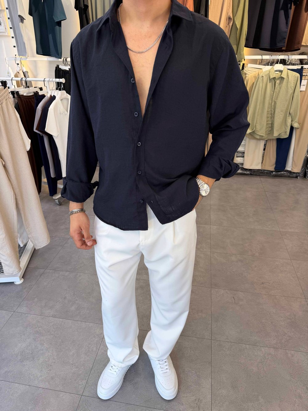Oversize Flamlı Keten Gömlek Lacivert