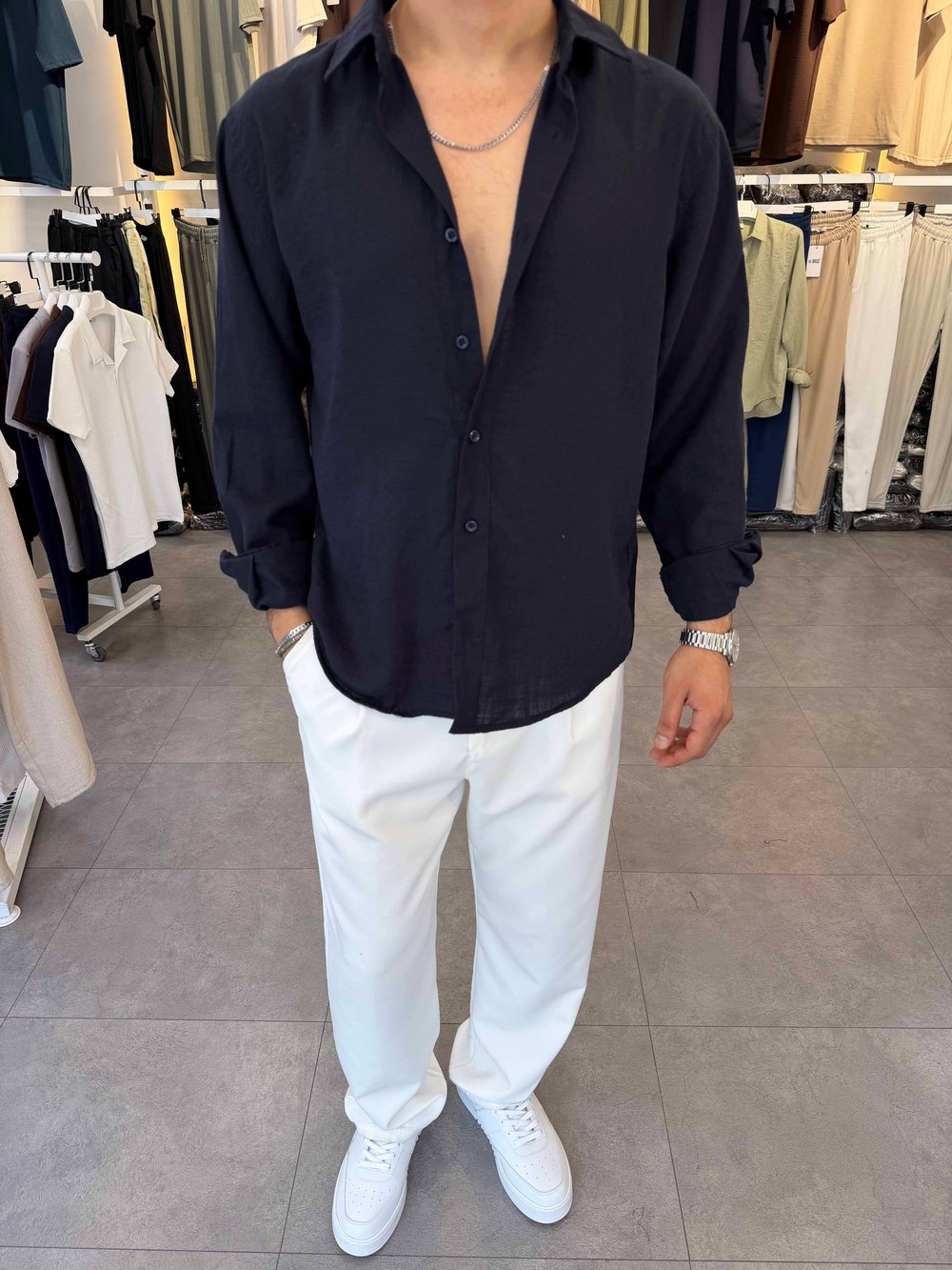 Oversize Flamlı Keten Gömlek Lacivert