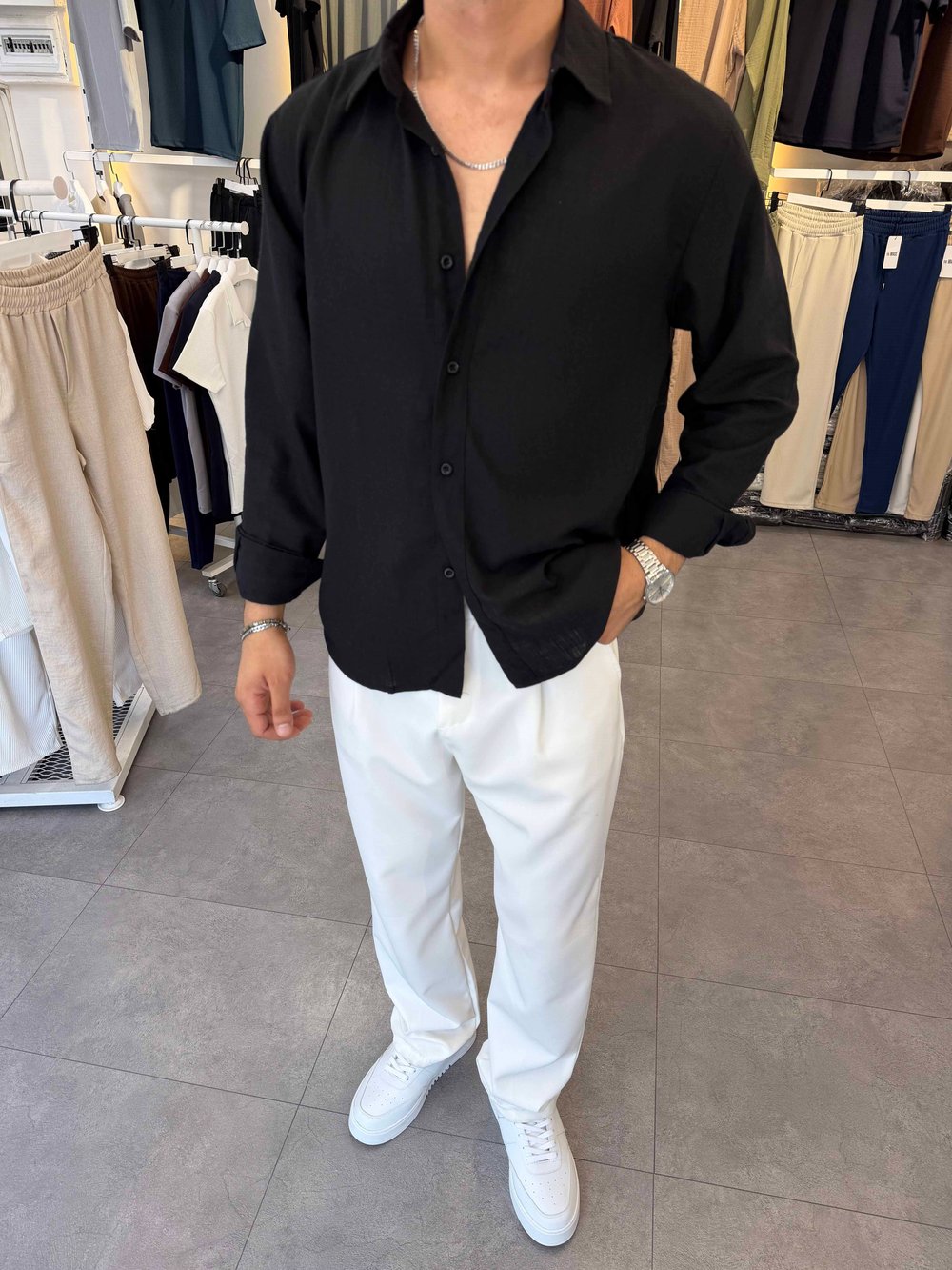 Oversize Flamlı Keten Gömlek Siyah