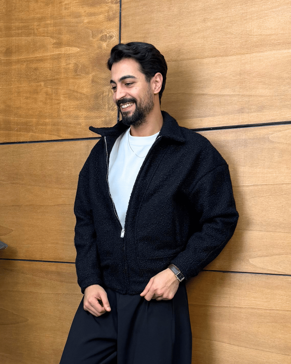 Oversize Kalıp Buklet Örme Ceket Siyah