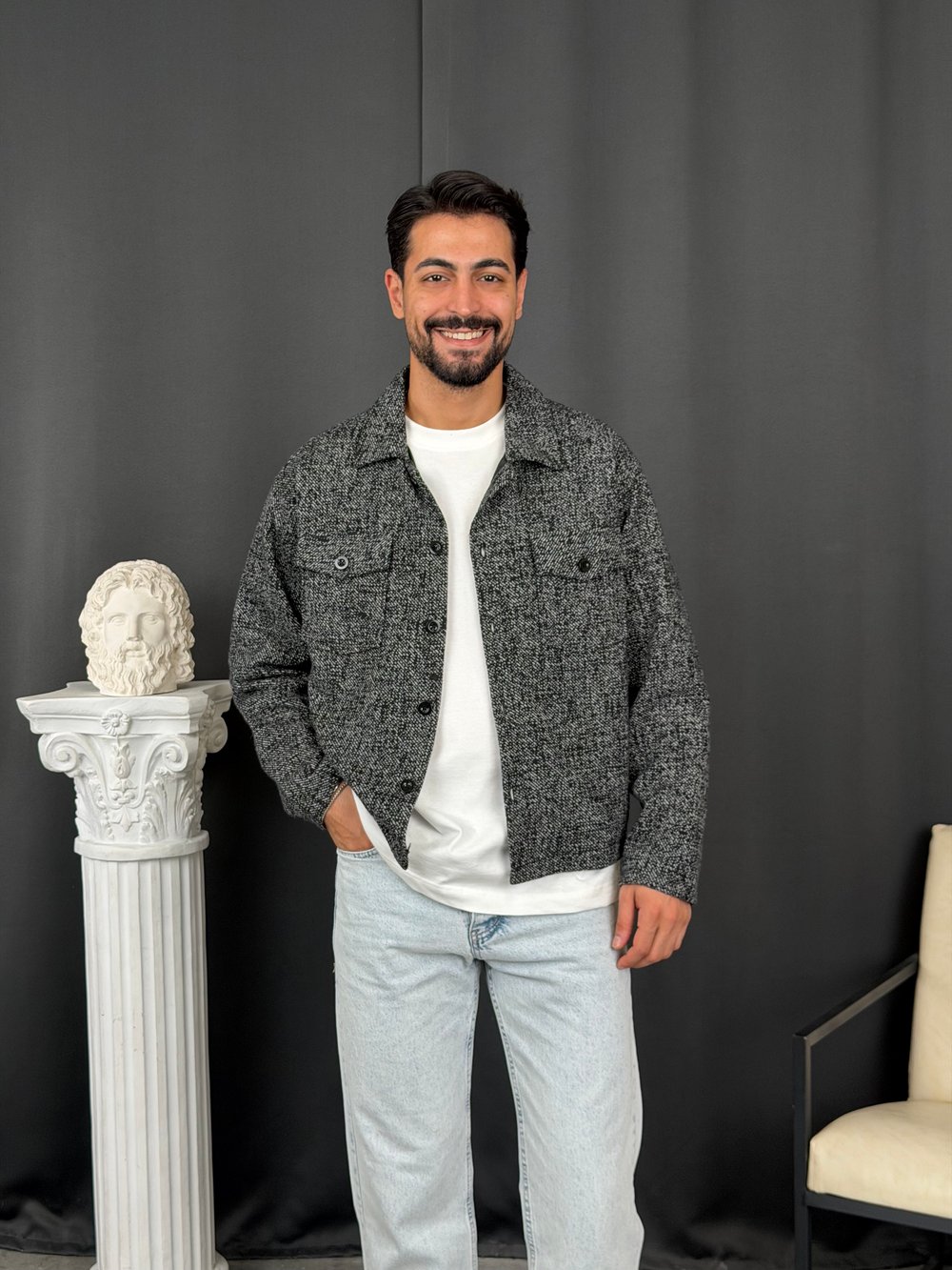 Oversize Kalıp Jakar Kumaş Astarlı Ceket Antrasit