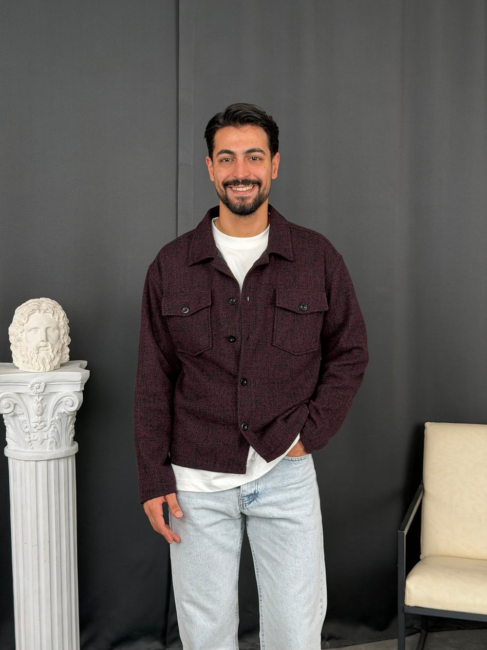 Oversize Kalıp Jakar Kumaş Astarlı Ceket Bordo