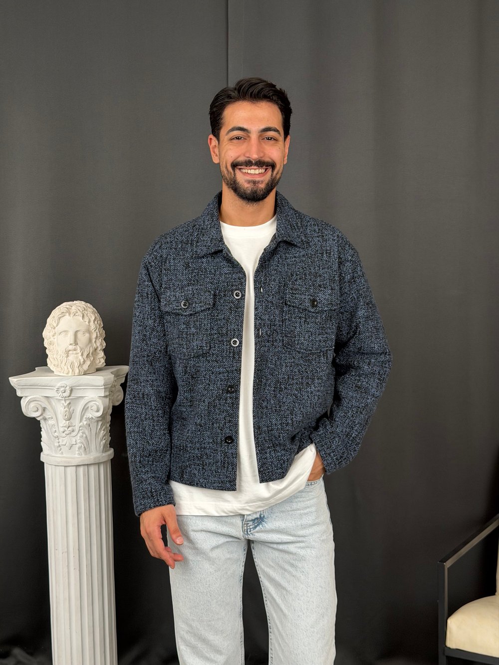 Oversize Kalıp Jakar Kumaş Astarlı Ceket Lacivert