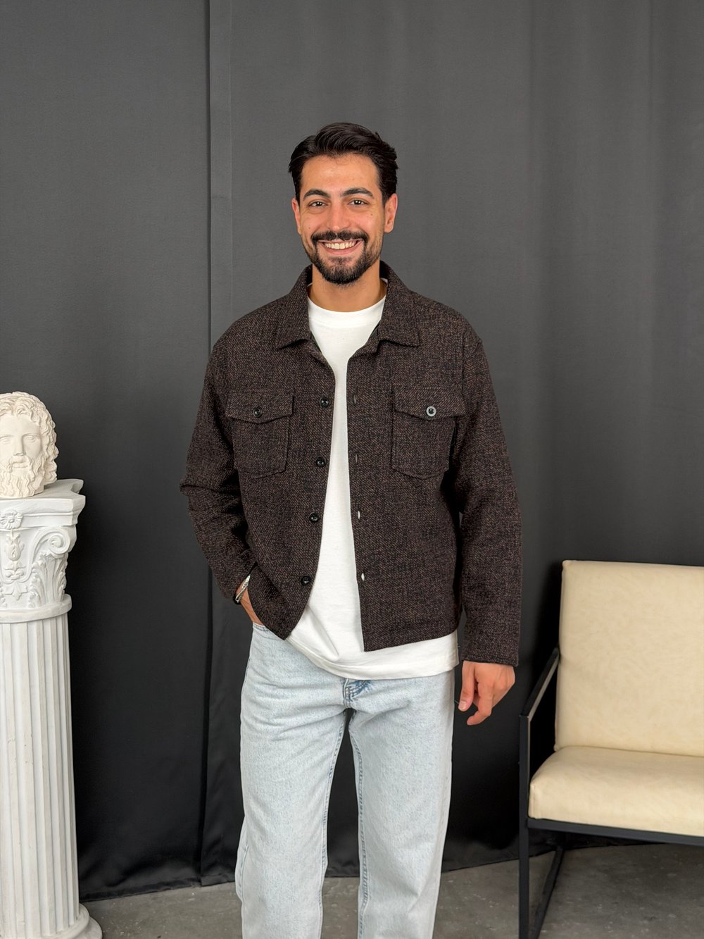 Oversize Kalıp Jakar Kumaş Astarlı Ceket Kahve