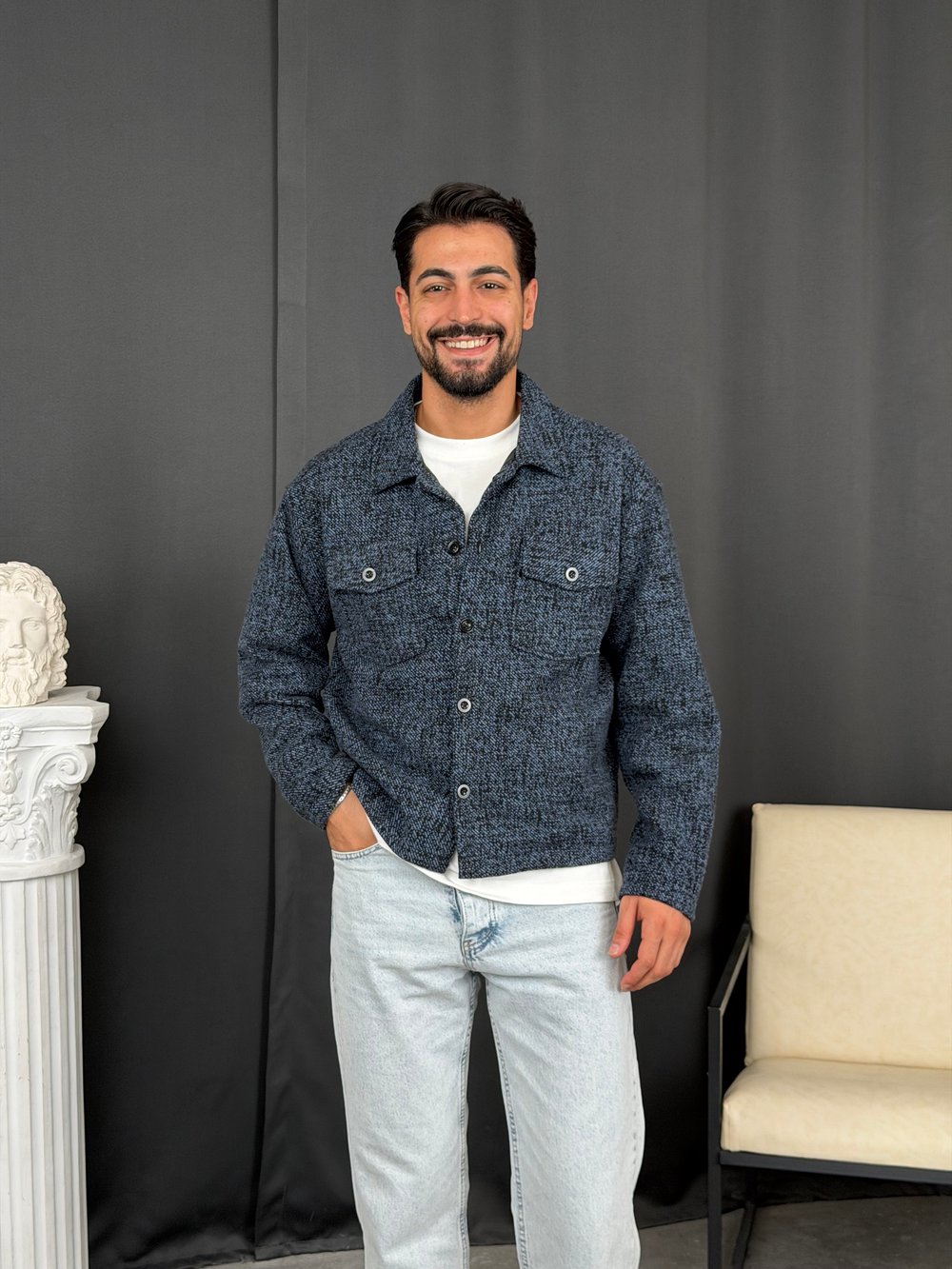 Oversize Kalıp Jakar Kumaş Astarlı Ceket Lacivert