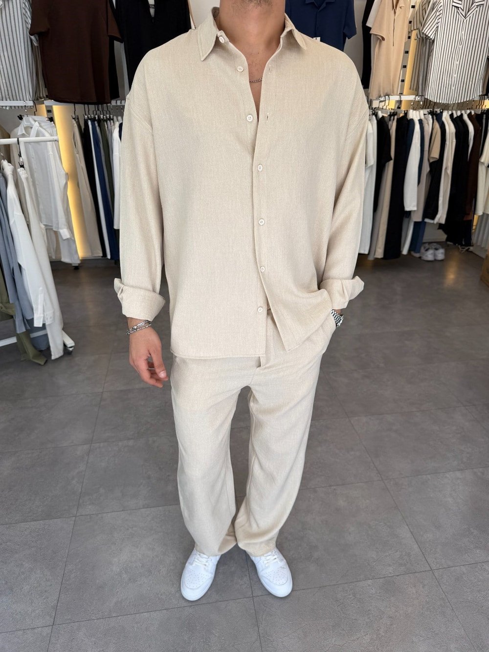Oversize Keten Takım Bej