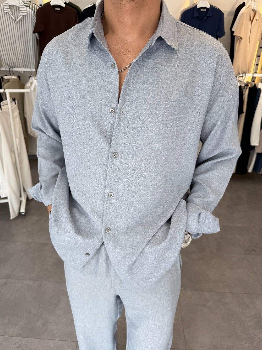 Oversize Keten Takım Gri