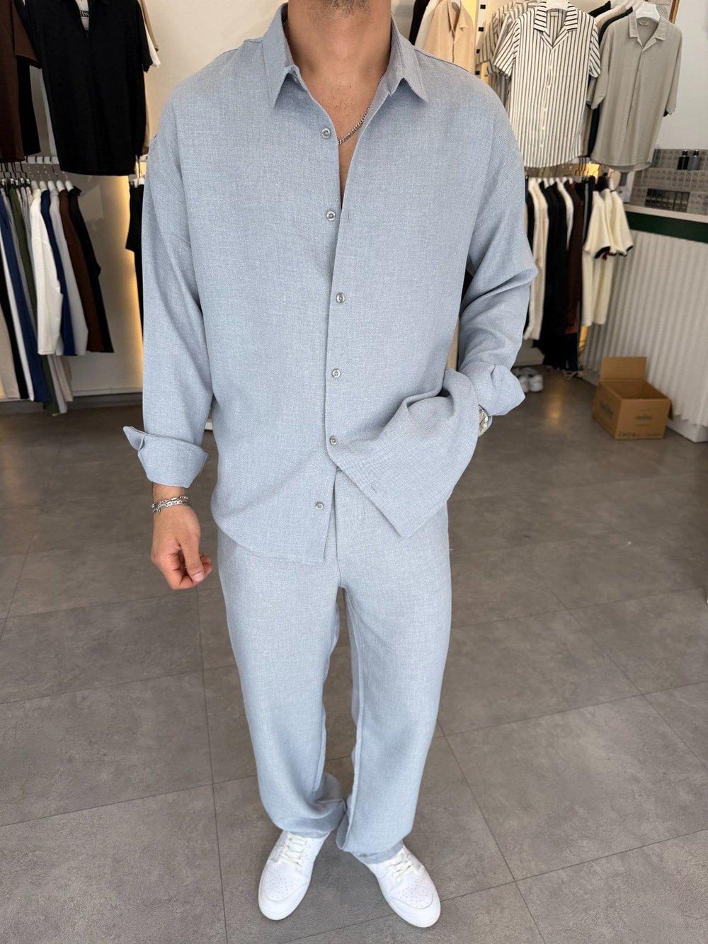 Oversize Keten Takım Gri