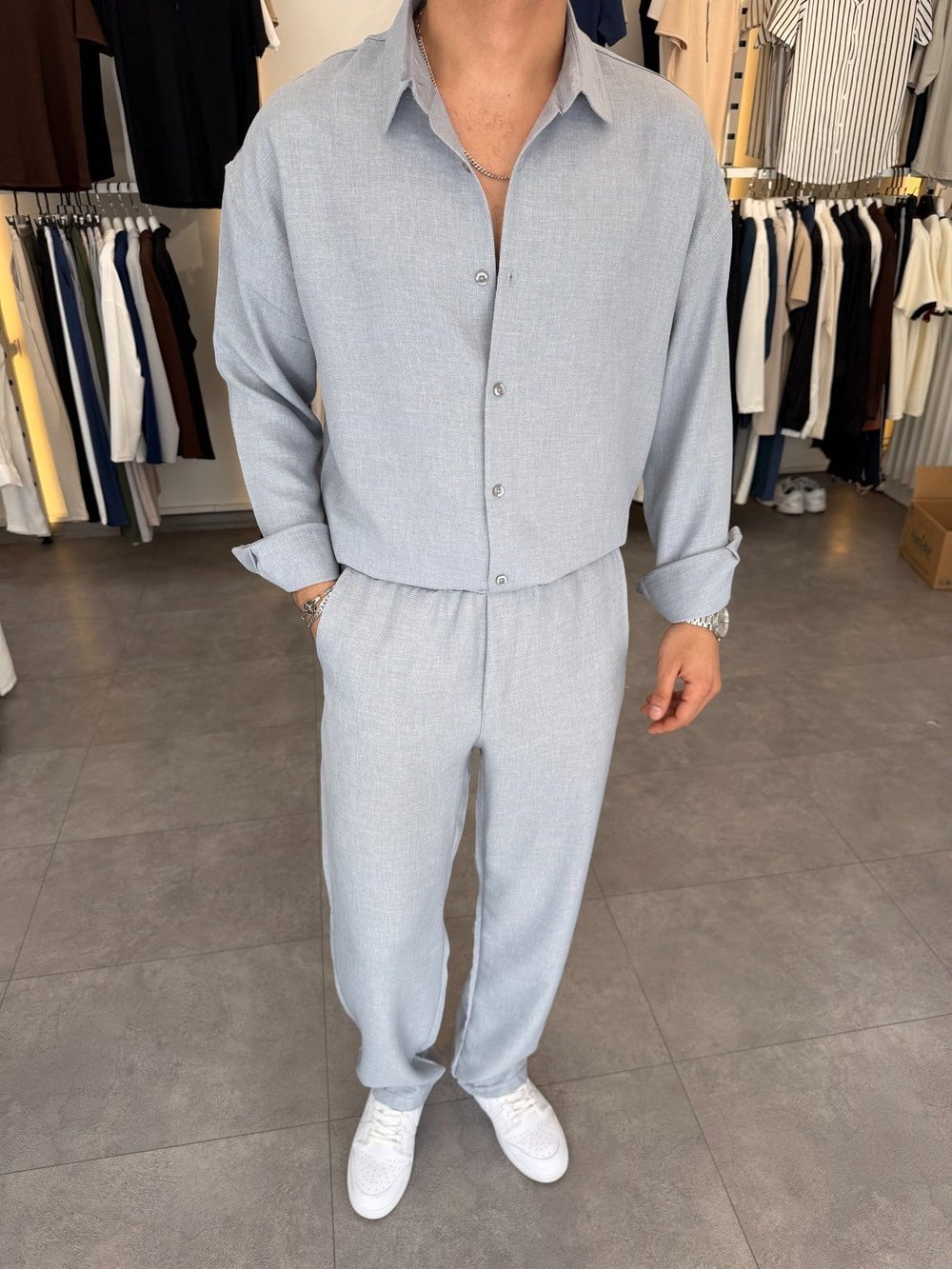 Oversize Keten Takım Gri