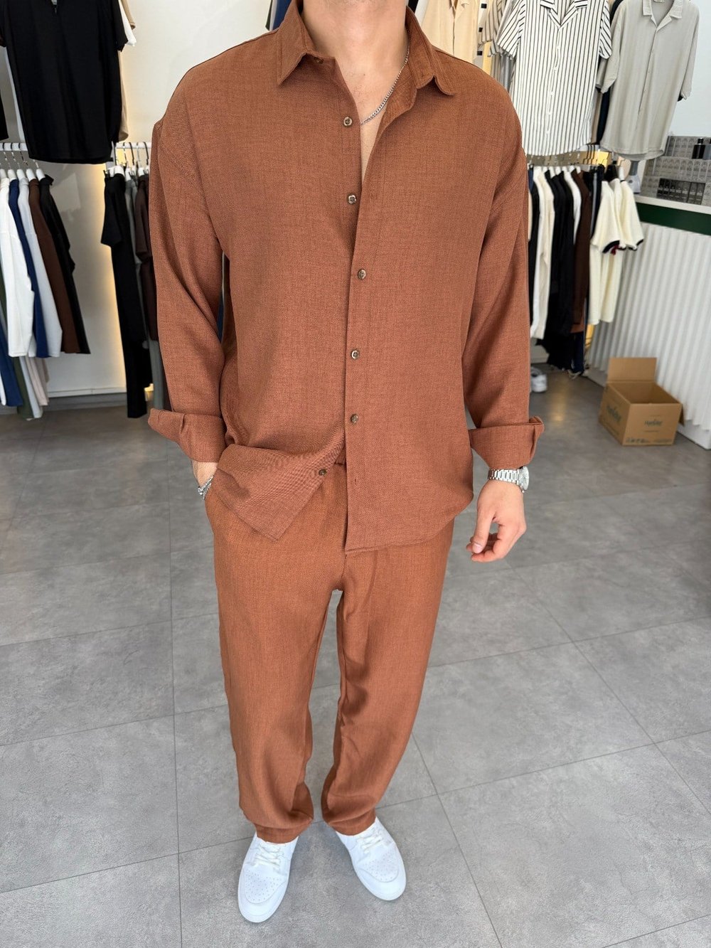 Oversize Keten Takım Kahve
