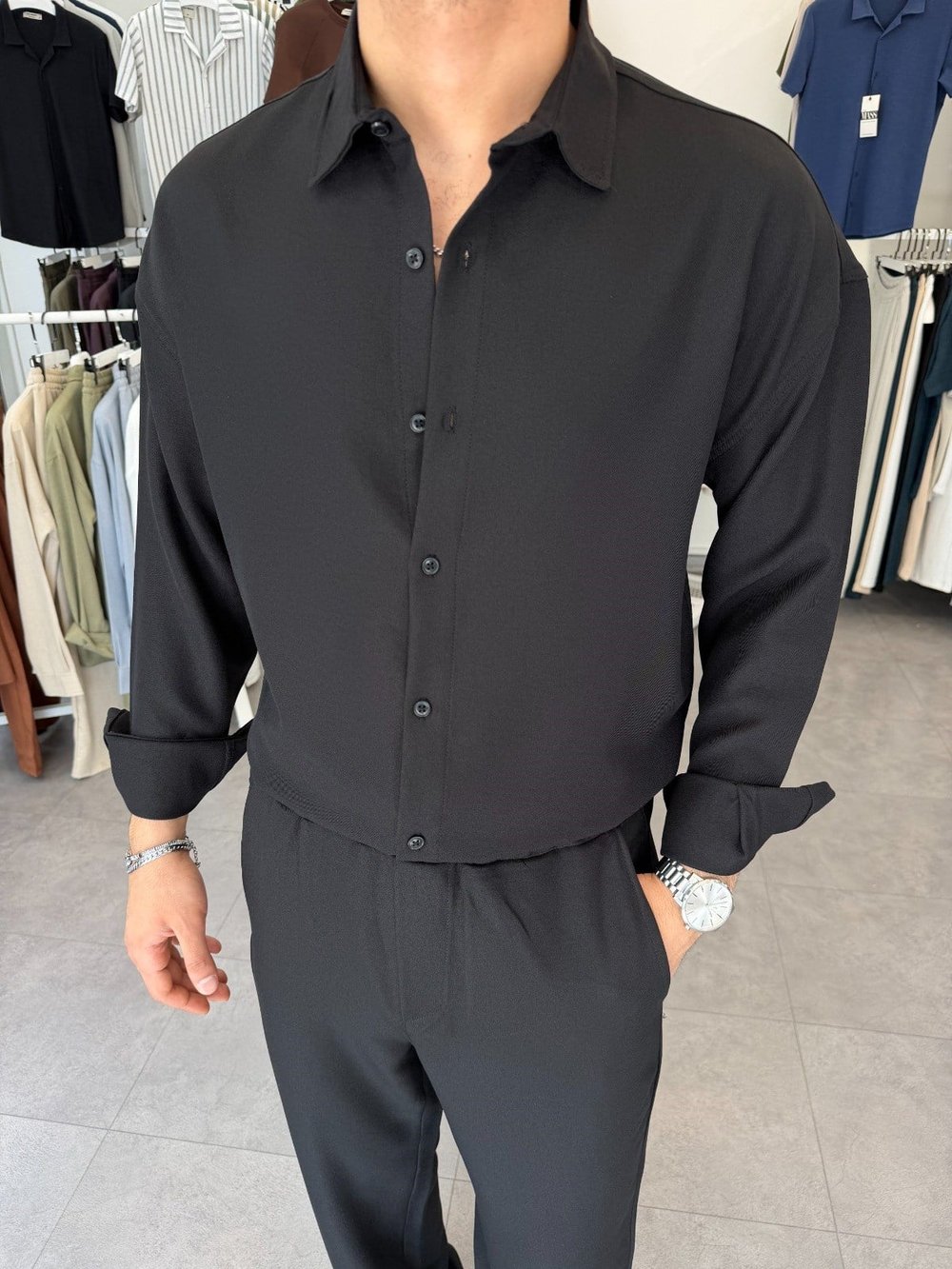 Oversize Keten Takım Siyah