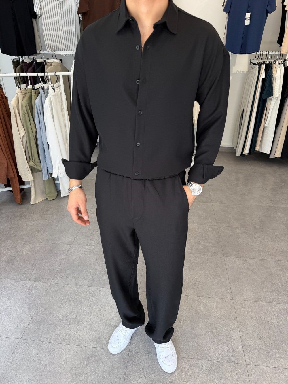 Oversize Keten Takım Siyah