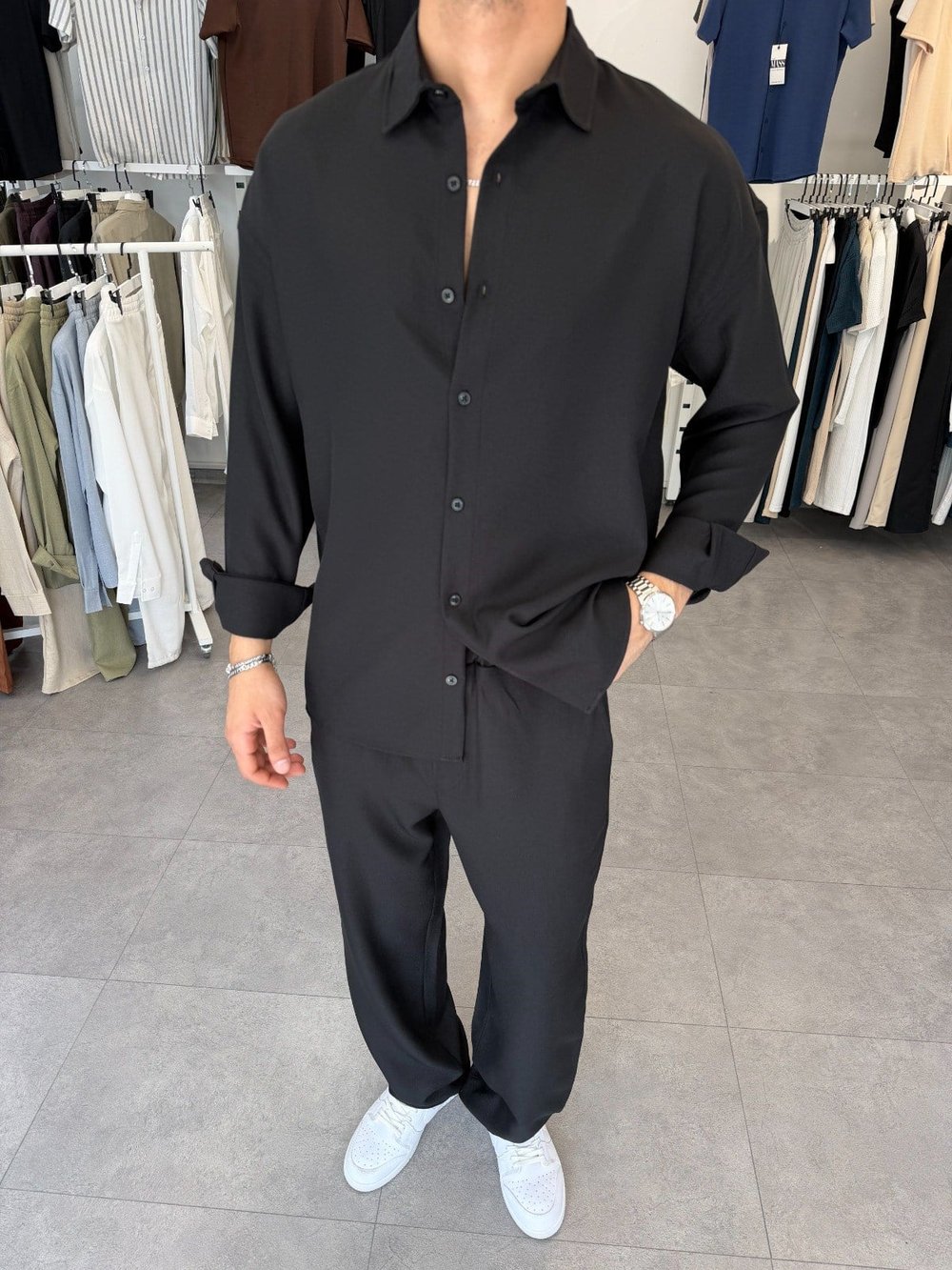 Oversize Keten Takım Siyah