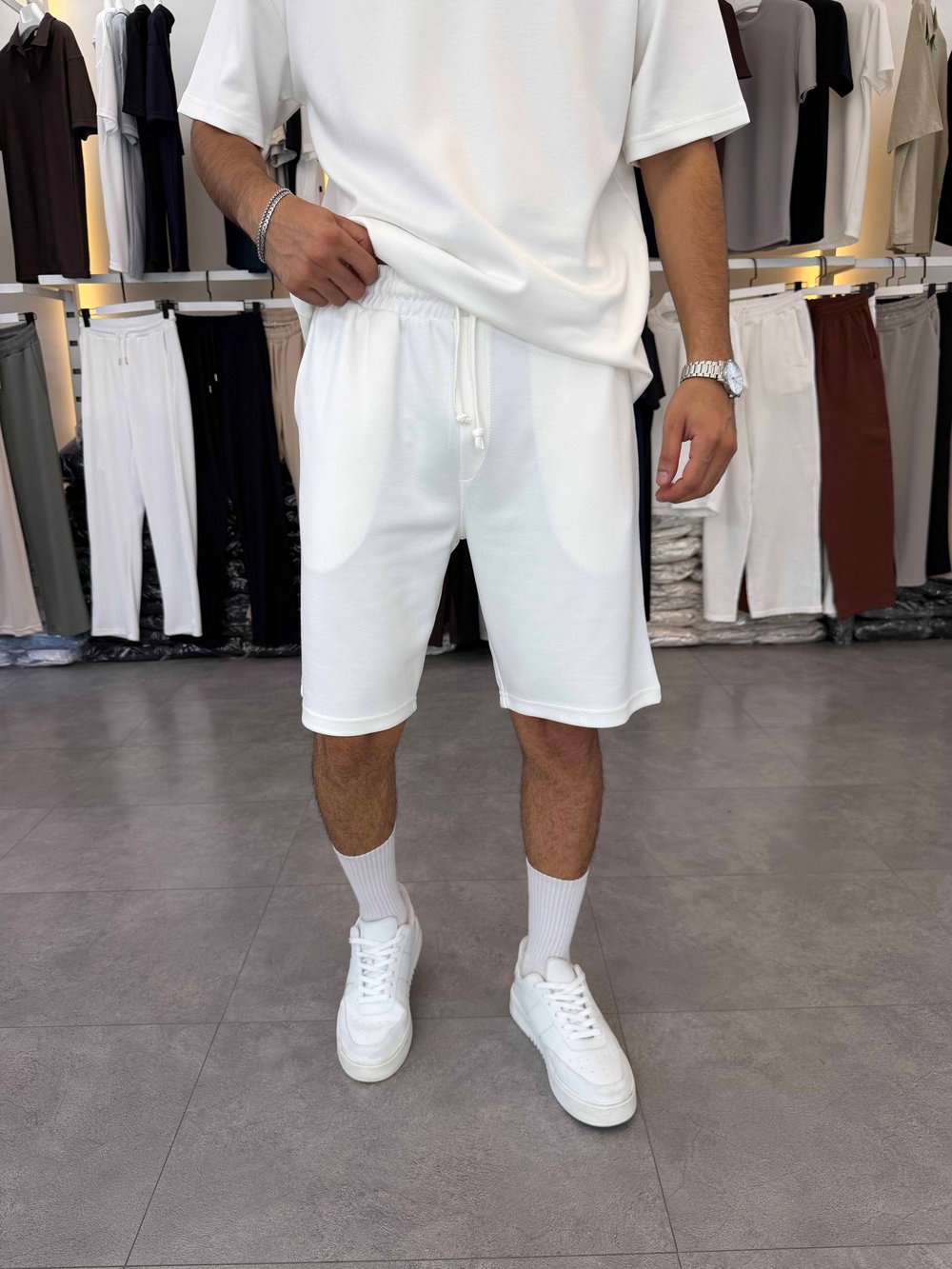 Oversize Oys Kumaş Şortlu Takım Beyaz