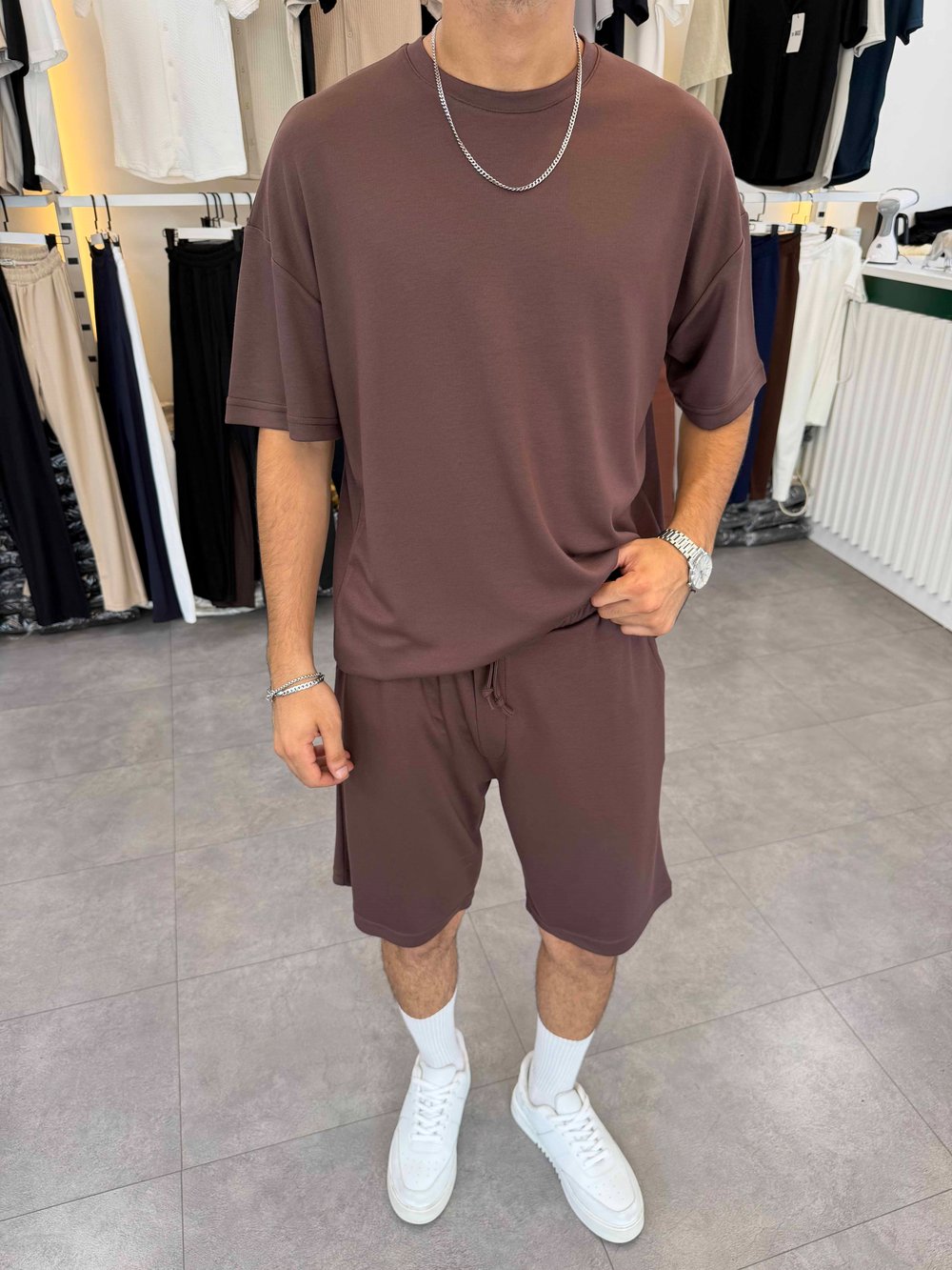 Oversize Oys Kumaş Şortlu Takım Kahve