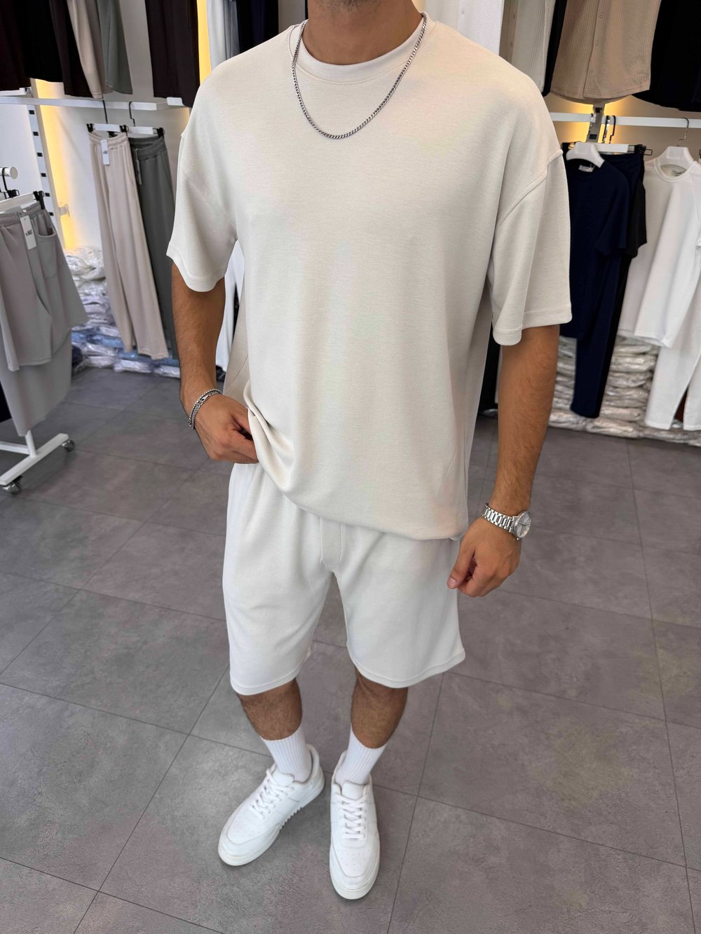 Oversize Oys Kumaş Şortlu Takım Taş