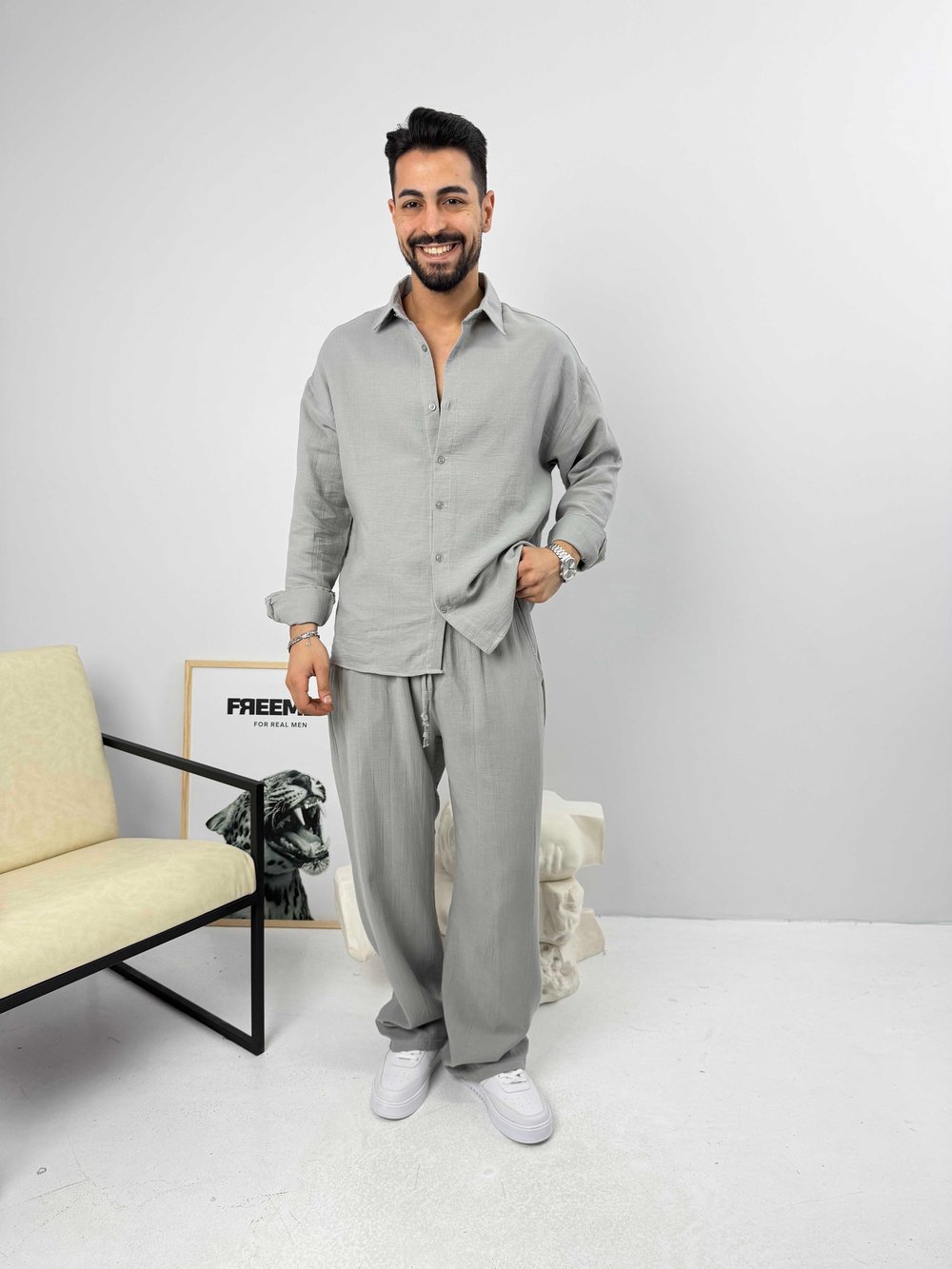Oversize Pamuk Müslin Keten Takım Gri