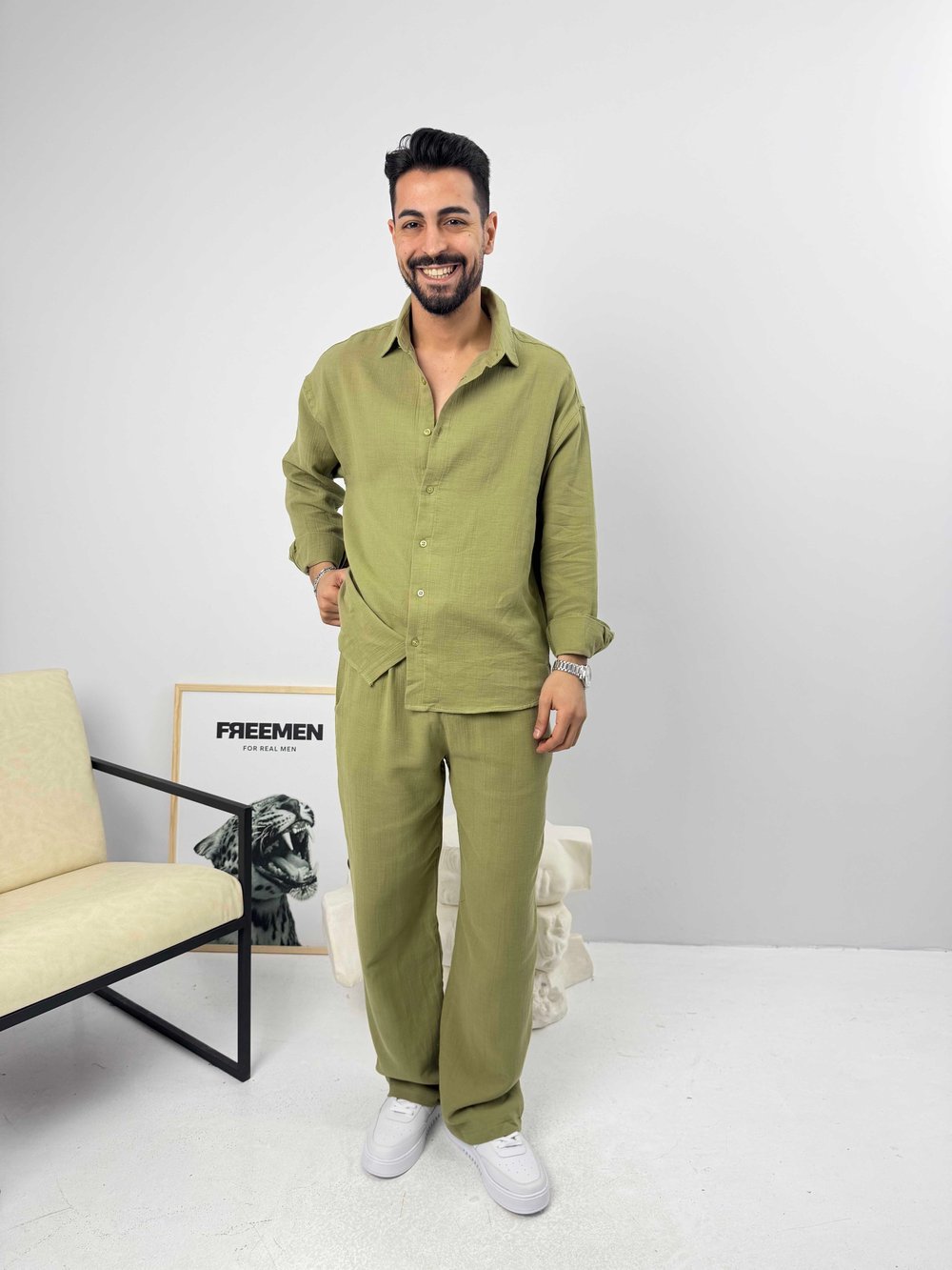 Oversize Pamuk Müslin Keten Takım Yeşil