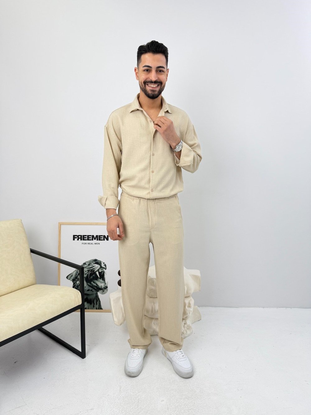Oversize Sofia Keten Takım Bej